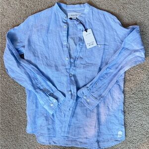 Massimo Dutti Light Blue Linen Button-Front Mandarin Collar Shirt